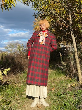 「赤チェック」｜「アイテム（その他アウター）」を使った、ラナさん（レディース・153cm）の冬コーディネート