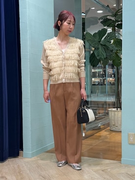 「NOLLEY’S（ノーリーズ）のウォッシャブルハイスペック麻調愛されセミワイドパンツ（その他パンツ、イエロー系）」を使った、nol tsujiさん（レディース・164cm）の春コーディネート