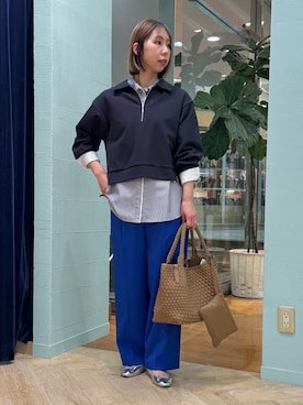 「NOLLEY’S（ノーリーズ）のウォッシャブルダンボール襟付きプルオーバー（スウェット、ブルー系）」を使った、nol tsujiさん（レディース・164cm）の春コーディネート