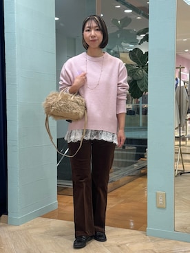 「NOLLEY’S（ノーリーズ）の【WEB＆店舗限定カラーあり】MUSICクルーネックプルオーバー（ニット/セーター、ピンク系）」を使った、nol tsujiさん（レディース・164cm）の秋コーディネート