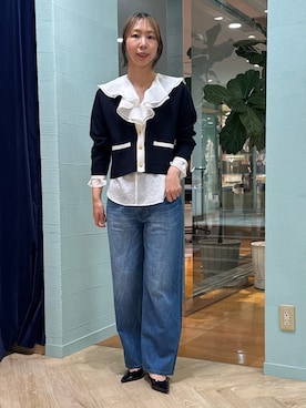 「Rie Miller（リエミラー）の【RM denim】リネン混ひも付きリラックスパンツ（その他パンツ、ブルー系）」を使った、nol tsujiさん（レディース・164cm）の春コーディネート