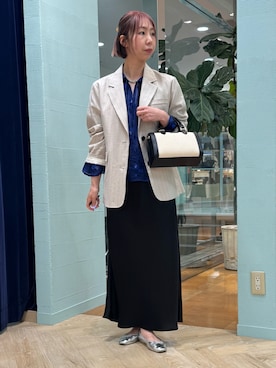 「NOLLEY’S（ノーリーズ）のウォッシャブルサテンナロースカート（スカート、ブラック系）」を使った、nol tsujiさん（レディース・164cm）の春コーディネート