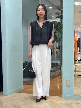 「NOLLEY’S（ノーリーズ）の《セットアップ対応》ウォッシャブルイージーツイルセミワイドパンツ（その他パンツ、ホワイト系）」を使った、nol tsujiさん（レディース・164cm）の夏コーディネート