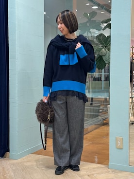 「NOLLEY’S（ノーリーズ）の【WEB＆店舗限定カラーあり】MUSICクルーネックプルオーバー（ニット/セーター、ブルー系）」を使った、nol tsujiさん（レディース・164cm）の秋コーディネート