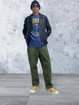 「アイテム（ライダースジャケット）」を使った、トクさん　ﾌﾝﾌﾝﾌﾝﾌﾝ…さん（メンズ・172cm）の秋コーディネート