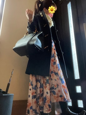 「花柄」｜「アイテム（ダッフルコート）」を使った、しゅさん（レディース・160cm）の冬コーディネート