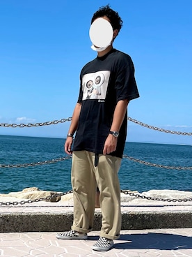「Tシャツ/カットソー」｜「アイテム（スリッポン）」を使った、だいすあんさん（メンズ・170cm）の夏コーディネート