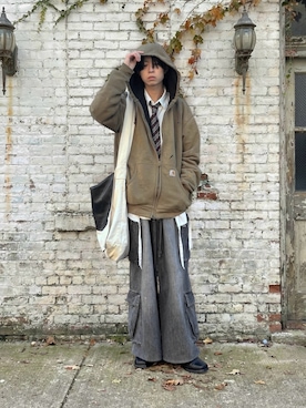 「アイテム（カーゴパンツ）」を使った、Uminaさん（メンズ・170cm）の冬コーディネート