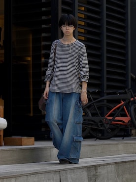 「BLAYMORE（ブレイモア）の【BLAYMORE】 Washed Denim Cargo Pant（カーゴパンツ、ブルー系）」を使った、Uminaさん（メンズ・170cm）の夏コーディネート