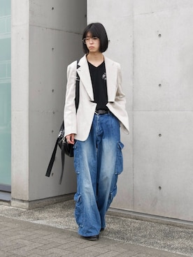 「BLAYMORE（ブレイモア）の【BLAYMORE】Waterlily V-neck Knit / 刺繍 フィンガーホール（ニット/セーター、ブラック系）」を使った、Uminaさん（メンズ・170cm）の春コーディネート