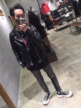 「アイテム（ライダースジャケット）」を使った、yasu「相互フォロー」さん（メンズ・174cm・20代）の冬コーディネート