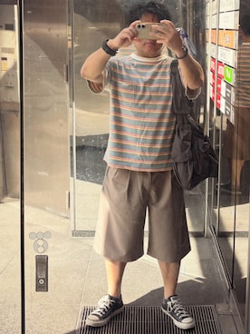 「GU（ジーユー）のアイテム（パンツ、ブラウン系）」を使った、gami017さん（メンズ・165cm）の夏コーディネート