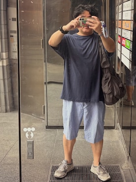 「nanamica（ナナミカ）のアイテム（Tシャツ/カットソー、ブルー系）」を使った、gami017さん（メンズ・165cm）の夏コーディネート