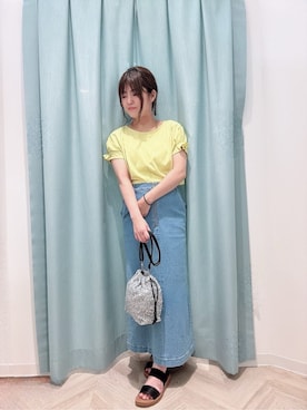 「DRESKIP（ドレスキップ）の【S-LL/UV/プチプラ】お袖タックで好印象 デザインTシャツ（Tシャツ/カットソー、イエロー系）」を使った、chn2さん（レディース・154cm）の夏コーディネート