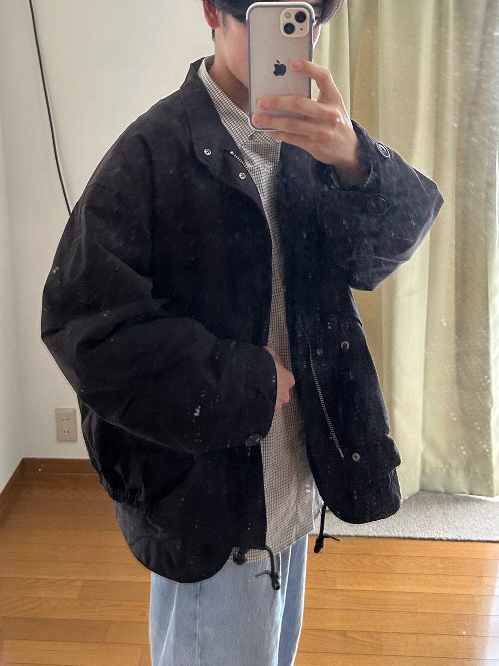 「WYM LIDNMのLAYERED 3WAY MILITARY BLOUSON(SHORT M-65)（モッズコート、ブラック系）」を使った、m1s3i_09さん（メンズ・169cm）の冬コーディネートの1枚目の写真