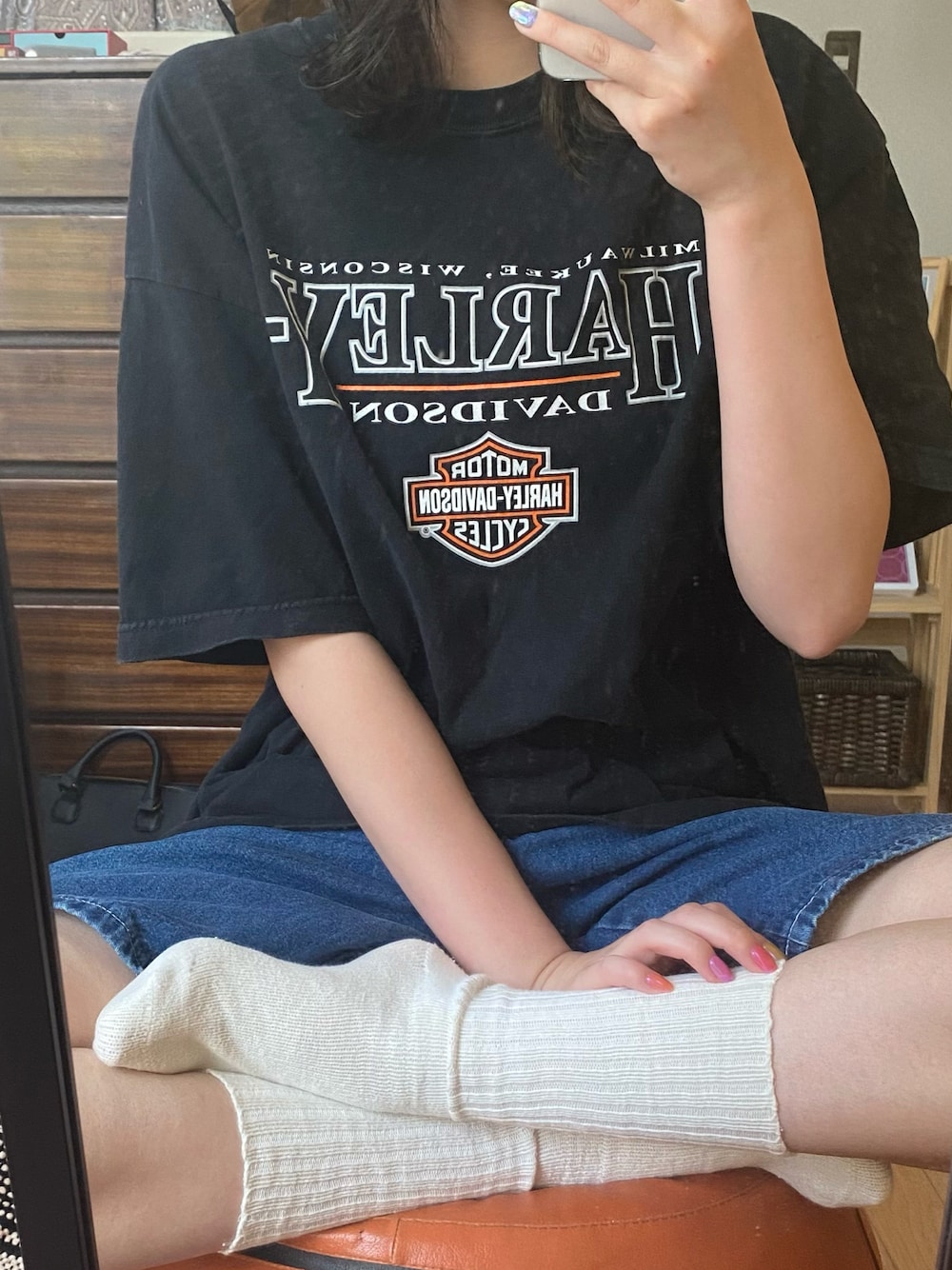 「古着、古着MIX、古着コーデ、Dickies、Polo Ralph Lauren、HARLEY-DAVIDSON」｜「Harley-Davidsonのアイテム（Tシャツ/カットソー、ブラック系）」を使った、小鳥さん（レディース・171cm）の夏コーディネートの1枚目の写真
