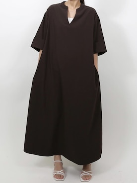 「UR'S（ユアーズ）のｷｰﾈｯｸﾛﾝｸﾞﾜﾝﾋﾟｰｽ（ワンピース、ブラウン系）」を使った、ur'sさん（レディース・155cm）の夏コーディネート