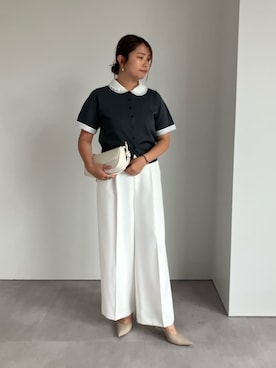 「UR'S（ユアーズ）の美シルエットワンタックワイドパンツ（その他パンツ、ホワイト系）」を使った、ur'sさん（レディース・158cm）の夏コーディネート