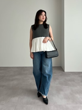「UR'S（ユアーズ）のバルーンヘムボンディングノースリーブトップス（Tシャツ/カットソー、グレー系）」を使った、ur'sさん（レディース・155cm）の春コーディネート