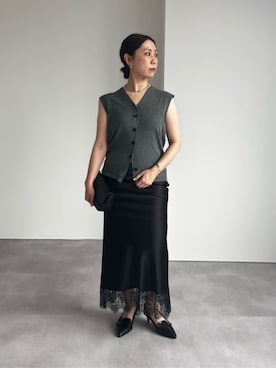 「UR'S（ユアーズ）のデザインリブニットベスト（ニット/セーター、グレー系）」を使った、ur'sさん（レディース・158cm）の夏コーディネート