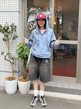 「thisisneverthat（ディスイズネバーザット）のTNT NEW ERA RC950 SAFGIA（キャップ、レッド系）」を使った、Sefumiさん（レディース・170cm）の夏コーディネート