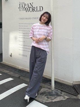 「no brand（ノーブランド）のアイテム（Tシャツ/カットソー、ピンク系）」を使った、Sefumiさん（レディース・170cm）の夏コーディネート