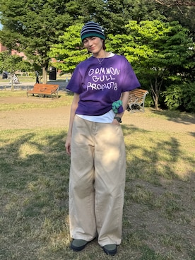 「no brand（ノーブランド）のアイテム（ニットキャップ/ビーニー、ブルー系）」を使った、Sefumiさん（レディース・170cm）の夏コーディネート