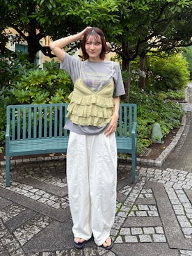 「random toyのアイテム（Tシャツ/カットソー、グレー系）」を使った、Sefumiさん（レディース・170cm）の夏コーディネート