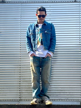 「Wrangler」｜「アイテム（デニムジャケット）」を使った、NOzさん（メンズ・182cm）の春コーディネート