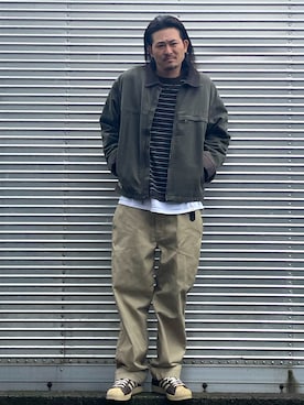 「Dickies（ディッキーズ）のDickies/ディッキーズ THE ORIGINAL FIT 874 TCツイル センタープレス オリジナルフィット ワイドチノ ワークパンツ（チノパンツ）」を使った、NOzさん（メンズ・182cm）の秋コーディネート