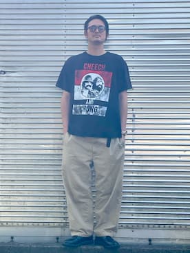 「古着のアイテム（Tシャツ/カットソー、ブラック系）」を使った、NOzさん（メンズ・182cm）の秋コーディネート