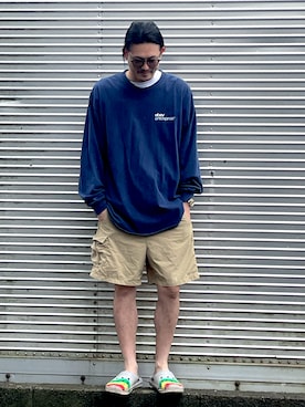 「古着のアイテム（Tシャツ/カットソー、ブルー系）」を使った、NOzさん（メンズ・182cm）の夏コーディネート