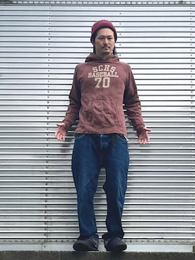 「ロゴパーカー」｜「アイテム（帽子）」を使った、NOzさん（メンズ・182cm）の秋コーディネート