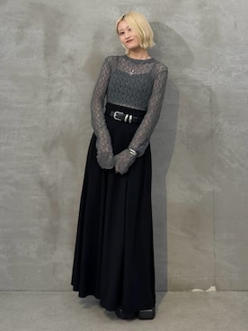 「Lui's（ルイス）の【mi-企画】レースモックネックトップス（Tシャツ/カットソー、グレー系）」を使った、mi-さん（レディース・156cm）の夏コーディネート