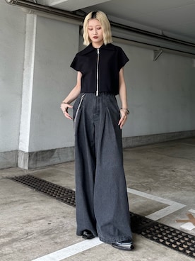 「Lui's（ルイス）の【mi-企画】ZIP半袖シャツジャケット（シャツ/ブラウス、ブラック系）」を使った、mi-さん（レディース・156cm）の春コーディネート