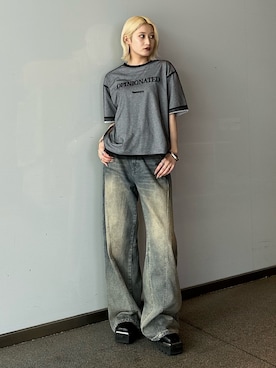 「Lui's（ルイス）の【mi-企画】チュール刺繍レイヤードロゴtee（Tシャツ/カットソー、グレー系）」を使った、mi-さん（レディース・156cm）の春コーディネート