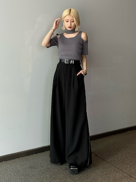 「Lui's（ルイス）の【mi-企画】チョーカーリブニットtee（ニット/セーター、グレー系）」を使った、mi-さん（レディース・156cm）の春コーディネート