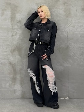 「Lui's（ルイス）の【mi-企画】スクエアトゥブーツ（ブーツ、ブラック系）」を使った、mi-さん（レディース・156cm）の夏コーディネート