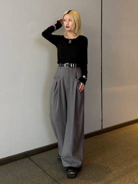 「Lui's（ルイス）の【mi-企画】バックレース切替トップス（Tシャツ/カットソー、ブラック系）」を使った、mi-さん（レディース・156cm）の夏コーディネート