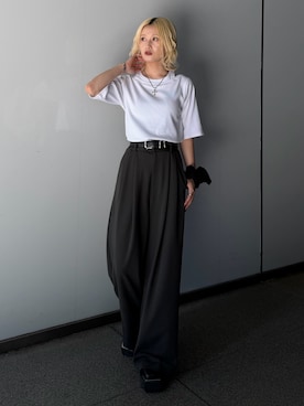 「Lui's（ルイス）のレイヤードデザイン半袖プルオーバー（Tシャツ/カットソー、ホワイト系）」を使った、mi-さん（レディース・156cm）の夏コーディネート