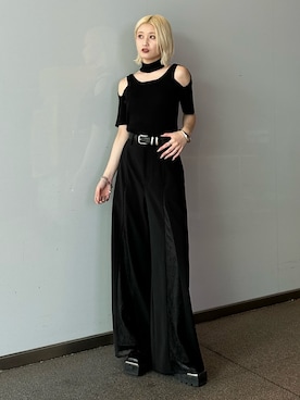 「Lui's（ルイス）の【mi-企画】チョーカーリブニットtee（ニット/セーター、ブラック系）」を使った、mi-さん（レディース・156cm）の春コーディネート