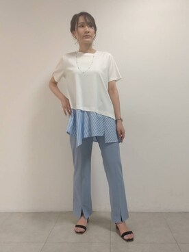 「INDIVI（インディヴィ）の【洗える】アシメシャツコンビTシャツ（Tシャツ/カットソー、ホワイト系）」を使った、achiさん（レディース・163cm）の夏コーディネート
