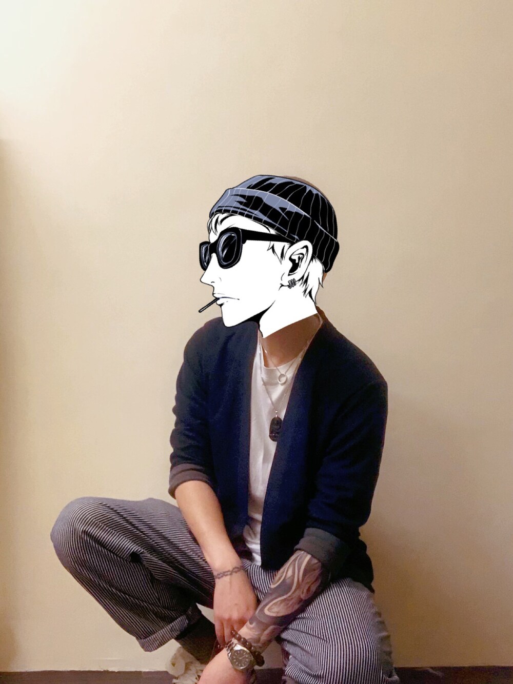 「ootd、vintage、街頭穿搭、休閒、復古、日系極簡、古着MIX、黑白搭配、GU、GLOBAL WORK、converse、白T」｜「GLOBAL WORKのアイテム（アンサンブル、ブルー系）」を使った、hkfreewearさん（メンズ・180cm）の冬コーディネートの1枚目の写真