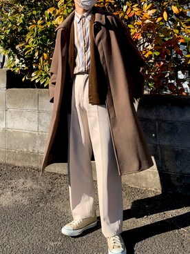 「EMMA CLOTHES（エマクローズ）のアイテム（ステンカラーコート）」を使った、kazuya.さん（メンズ・174cm）の冬コーディネート