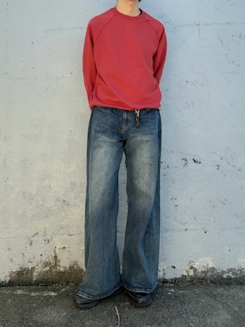 「WYM LIDNM（ウィム バイ リドム）のCURVED FLARE BAGGY DENIM（デニムパンツ、ブルー系）」を使った、もみさん（メンズ・176cm）の春コーディネート