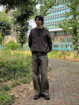 「WYM LIDNM（ウィム バイ リドム）のWIDE AZE CARDIGAN（カーディガン/ボレロ、グレー系）」を使った、もみさん（メンズ・176cm）の春コーディネート