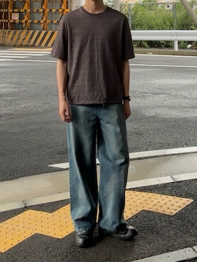 「WYM LIDNM（ウィム バイ リドム）のTONAL MULTI BORDER TEE（Tシャツ/カットソー、グレー系）」を使った、もみさん（メンズ・176cm）の夏コーディネート