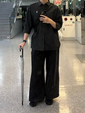 「GU（ジーユー）のアイテム（シャツ/ブラウス、ブラック系）」を使った、もみさん（メンズ・176cm）の夏コーディネート