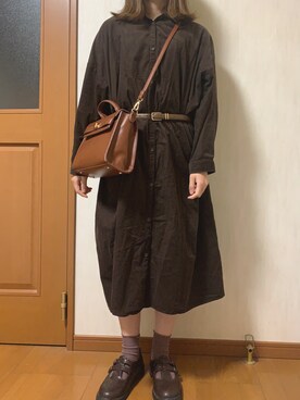 「ブラウンコーデ」｜「アイテム（シャツワンピース）」を使った、aikaさん（レディース・157cm）の秋コーディネート