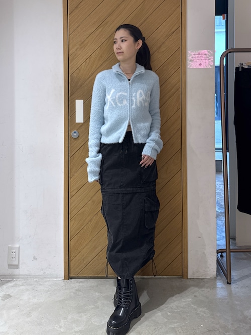 LOGO JACQUARD ZIP UP SHAGGY KNIT TOP（ニット/セーター）｜X-girl